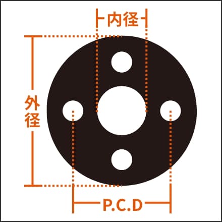 外径・内径・ボルト穴をカット加工した丸形フランジゴムの図。